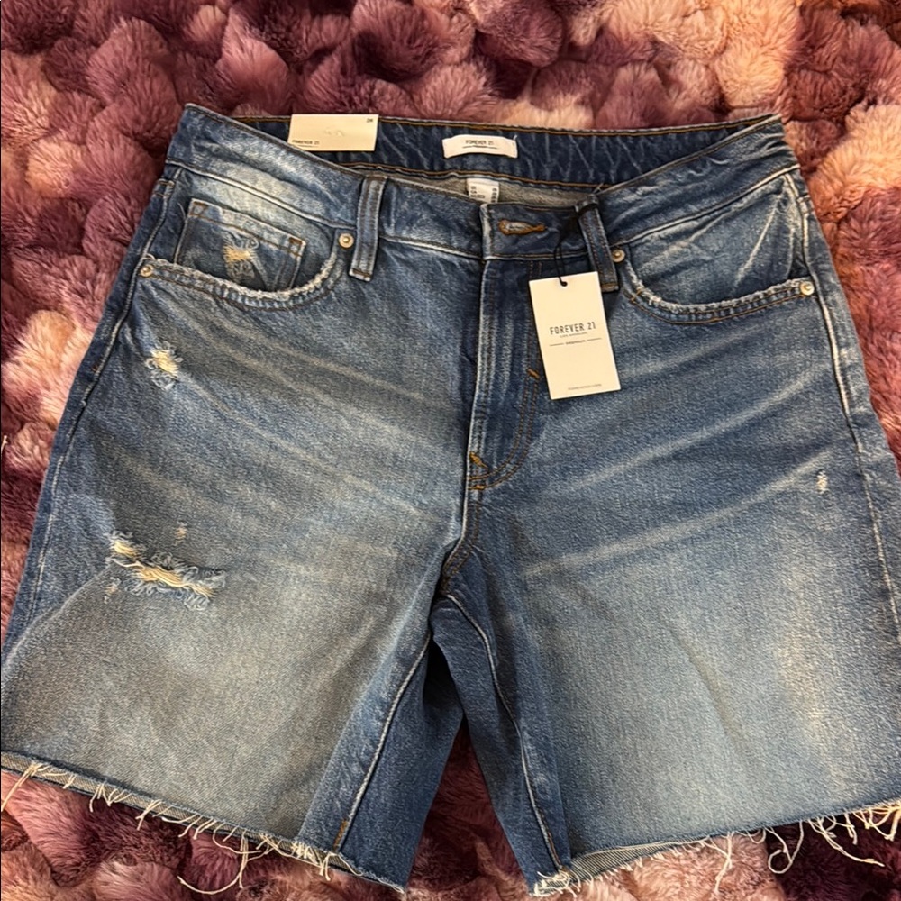 Forever 21 Blue Jean Short jorts with Distressed Details